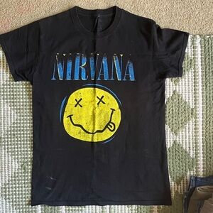Hanes Black Tee with Blue and Yellow Smiley Graphic